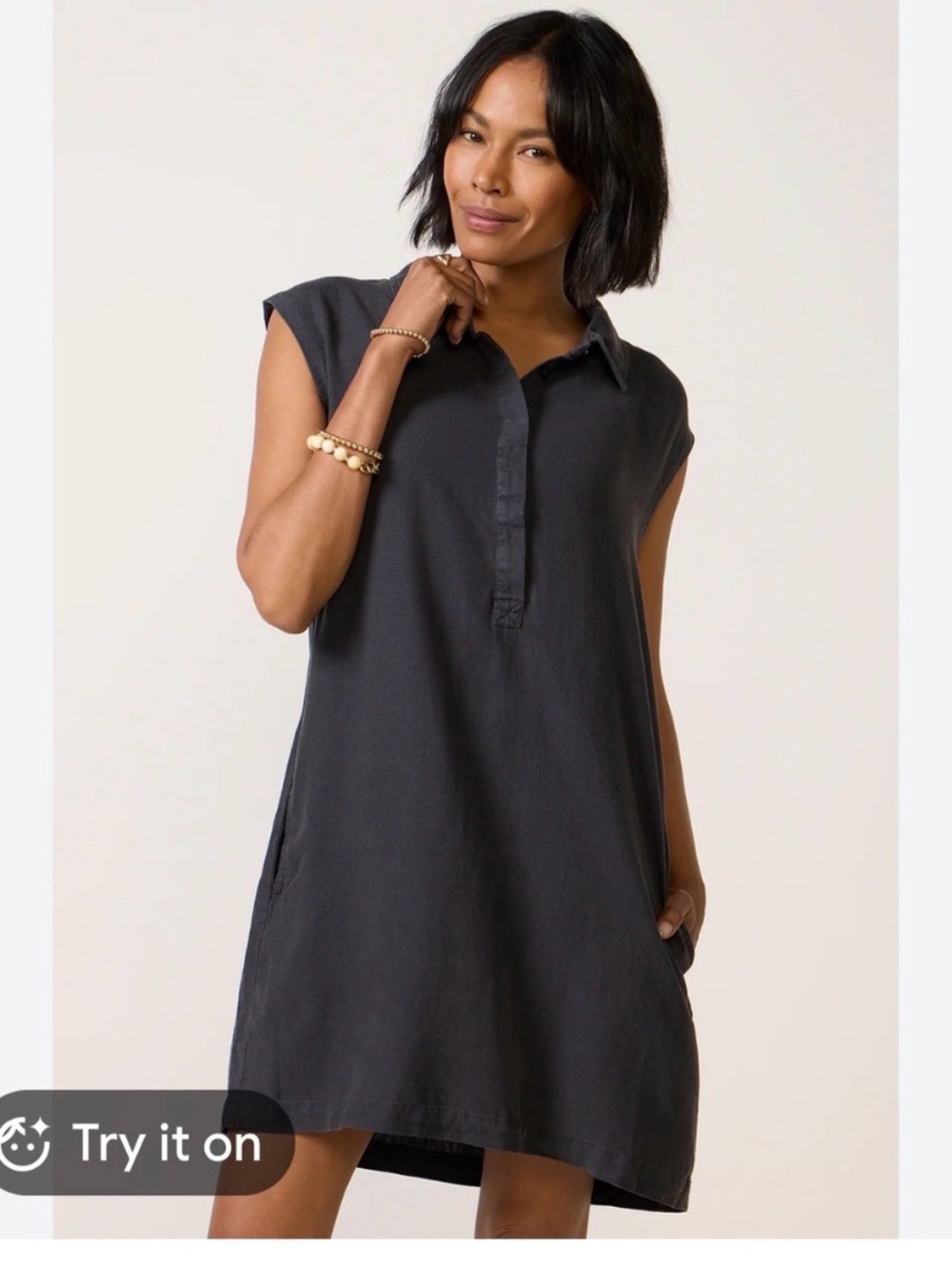 Splendid linen slate gray collared sleeveless dress medium